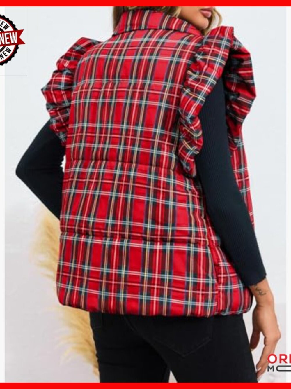 Lightweight Quilted Puffer Vest with Ruffle Sleeves, Button Closure - Picture 5 of 7